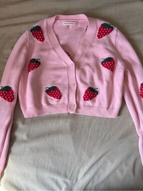 moon & madison Pink Strawberry Knit Cropped Cardigan